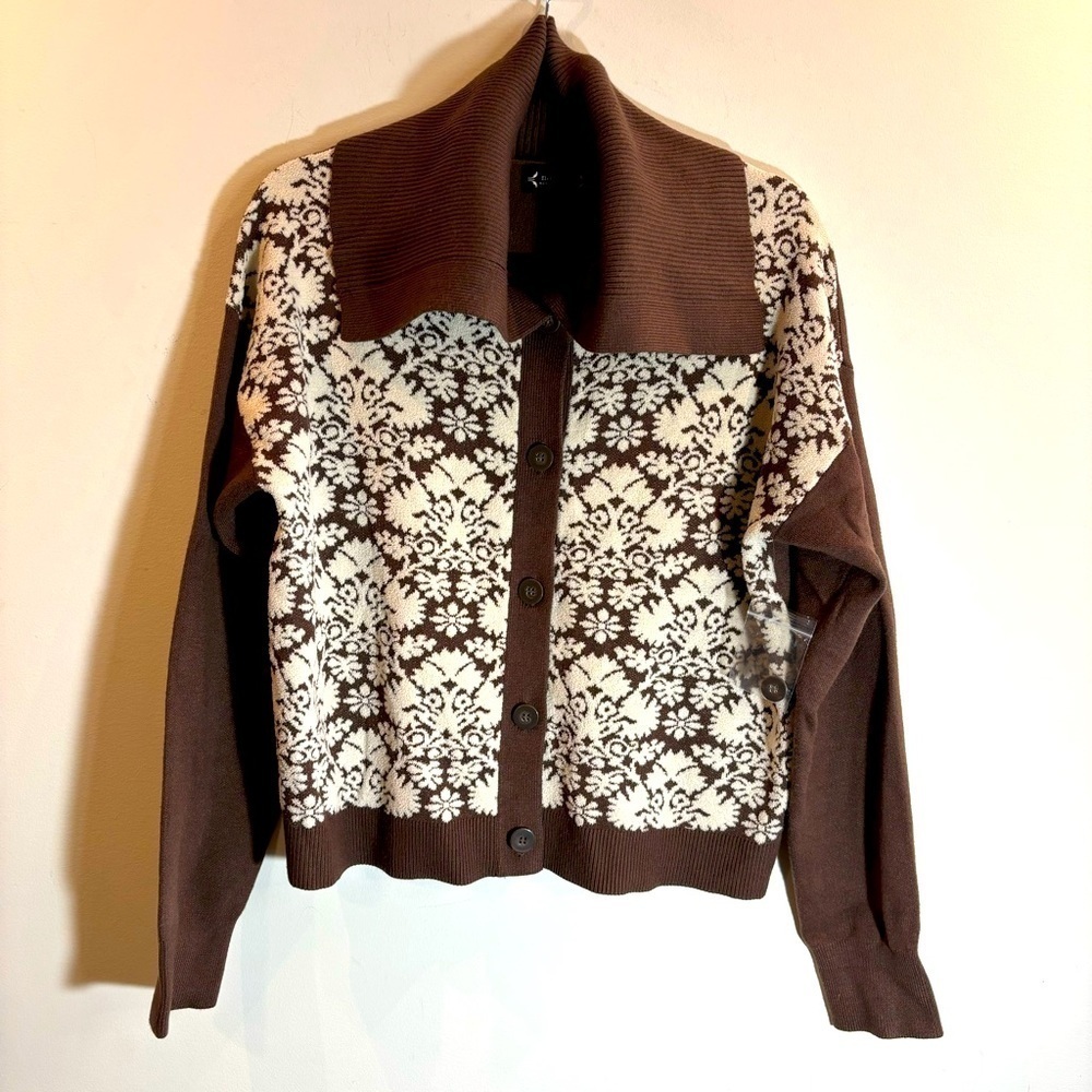 NANETTE LEPORE Sz L Brocade Design Floral Large Collar Cardigan New with No Tag